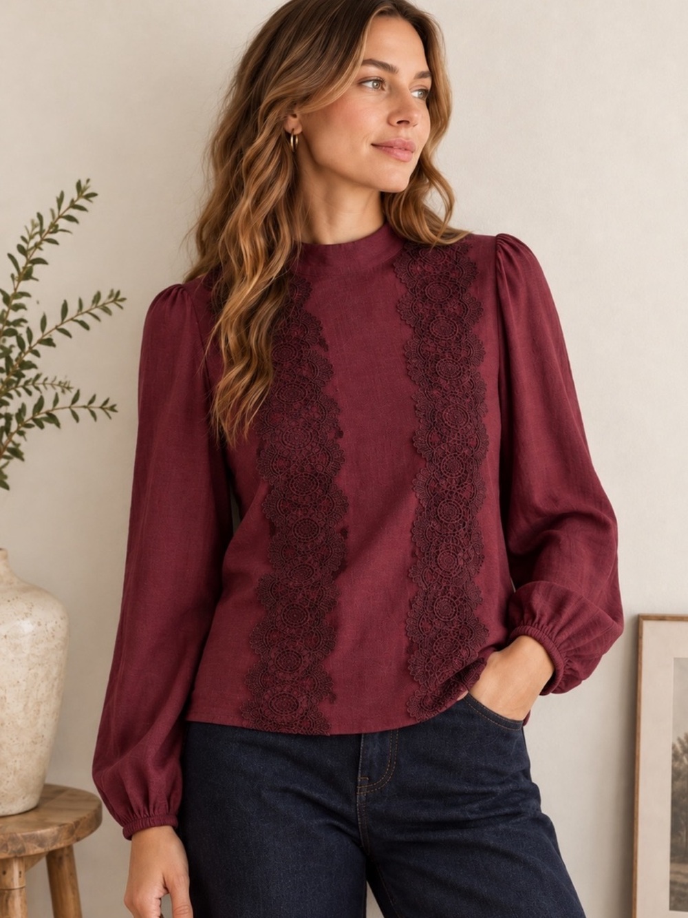 ON TWELTH Burgundy Lace Mock Neck Blouse Puff Sleeve Top Medium NWOT